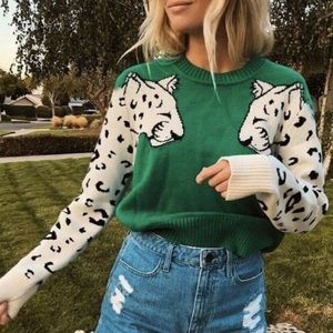 Boho Green Leopard Animal Print Cozy Sweater